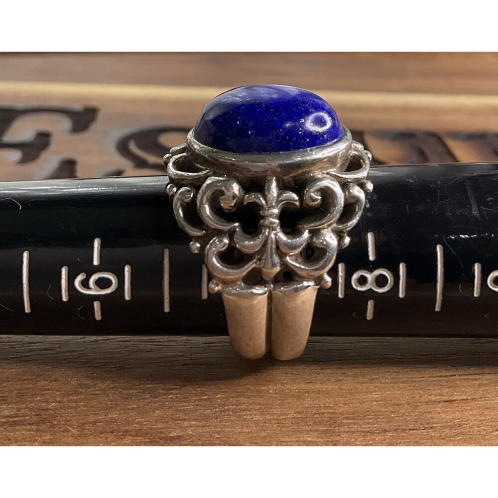 Vintage Lapis Lazuli Sterling Silver Ring Thailand J Filigree Statement Size 7.5 - Picture 8 of 8